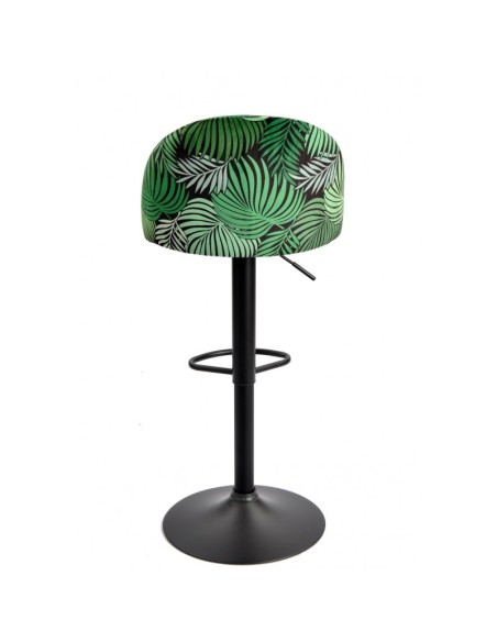 Taburete JUNGLE, regulable, metal negro, tapizado velvet verde con trasera floral