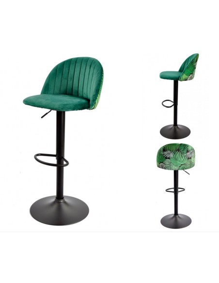Banco JUNGLE, ajustável, metal preto, estofamento em veludo verde com costas florais