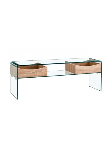 KENT mesa de TV de vidro 120 x 35, 2 gavetas de madeira