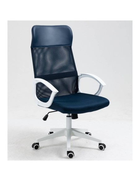 Sillón de oficina TONER, estructura blanca, malla y asiento azul oscuro
