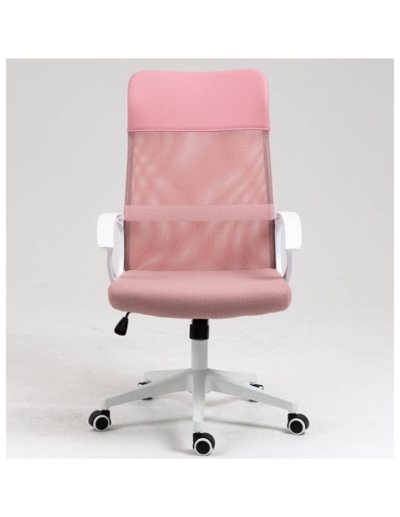 Sillón de oficina TONER, estructura blanca, malla y asiento rosa