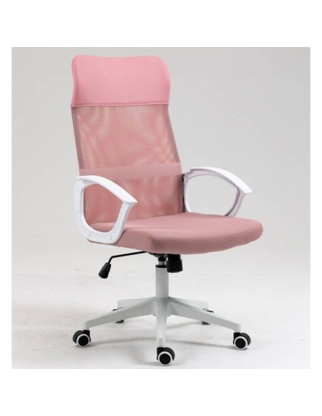 Sillón de oficina TONER, estructura blanca, malla y asiento rosa