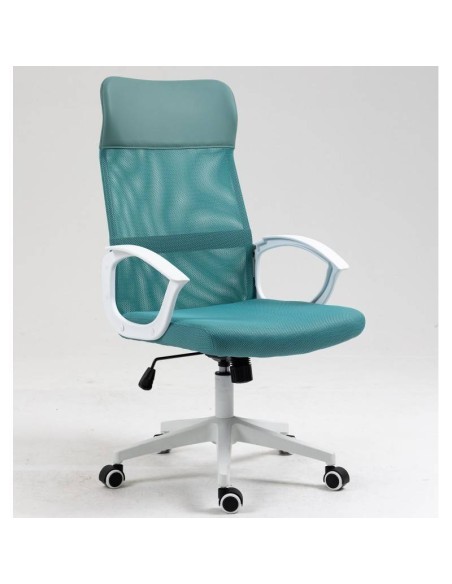 Sillón de oficina TONER, estructura blanca, malla y asiento verde