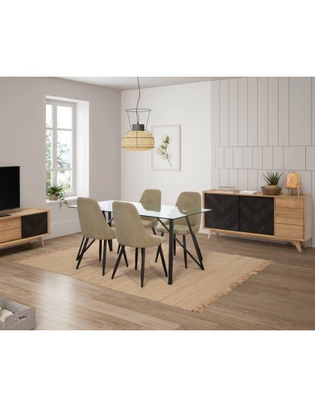 Silla de comedor MANI, tejido verde patas metal negro.