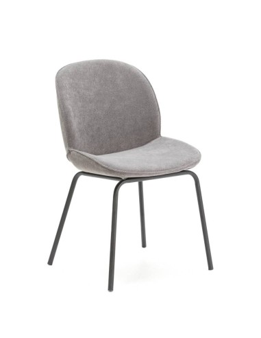 Cadeira de jantar design VICKY, tecido cinza e metal preto.