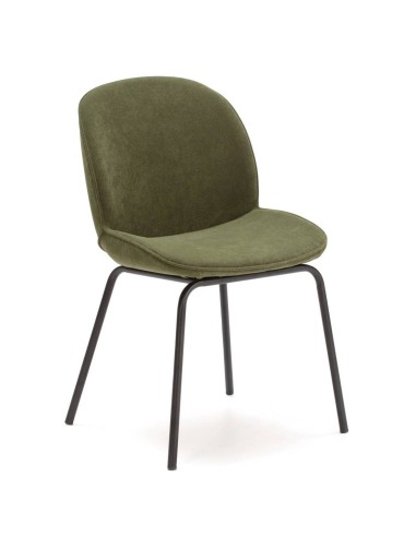 Cadeira de jantar design VICKY, tecido verde e metal preto.