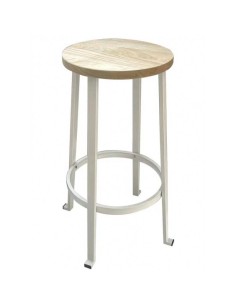 Taburete industrial ROMI, acero blanco y madera olmo