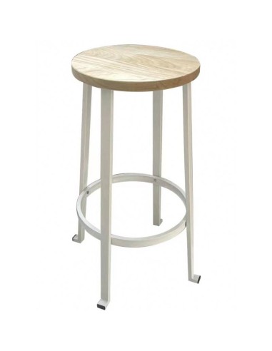 Banqueta industrial ROMI, aço branco e madeira de olmo