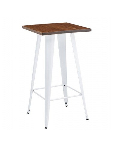 Mesa alta TOLEK WOOD 60 x 60, aço branco e madeira