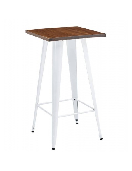 Mesa alta TOLEK WOOD 60 x 60, aço branco e madeira
