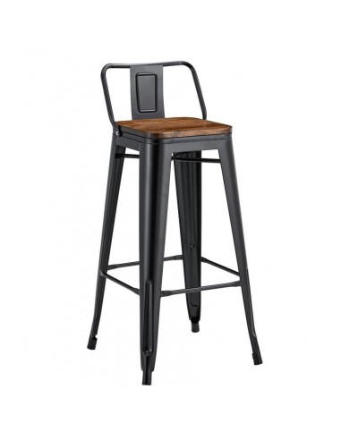 Taburete TOLIX con respaldo, acero negro y asiento de madera.
