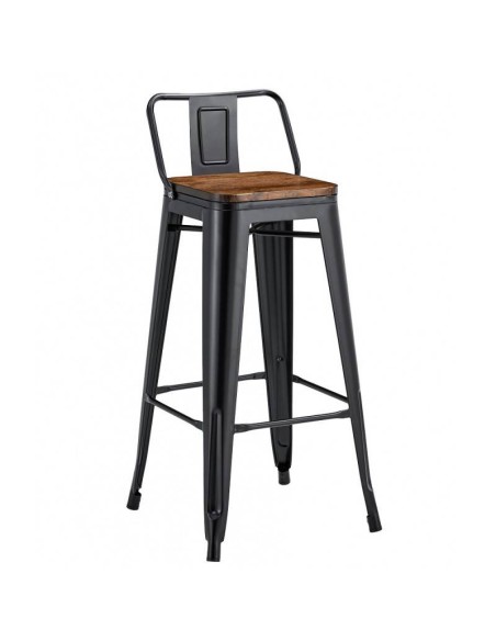 Taburete TOLIX con respaldo, acero negro y asiento de madera.