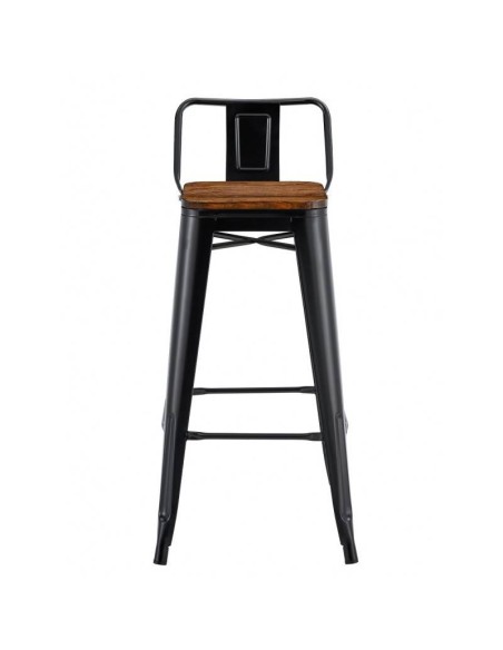 Taburete TOLIX con respaldo, acero negro y asiento de madera.