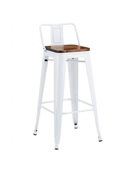 Taburete TOLIX con respaldo, acero blanco y asiento de madera.