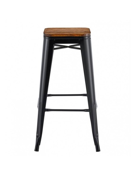 Taburete TOLIX  de acero negro y asiento de madera.