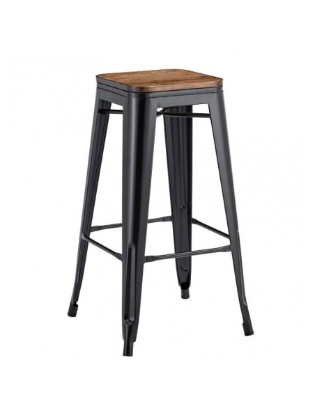 Taburete TOLIX  de acero negro y asiento de madera.