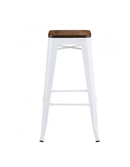 Banqueta TOLIX aço branco e assento em madeira.