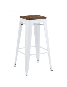 Taburete TOLIX  de acero blanco y asiento de madera.
