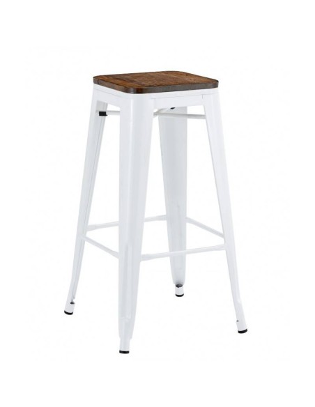 Taburete TOLIX  de acero blanco y asiento de madera.