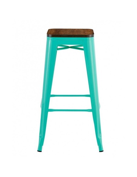 Taburete TOLIX  de acero verde agua y asiento de madera.