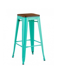Taburete TOLIX  de acero verde agua y asiento de madera.
