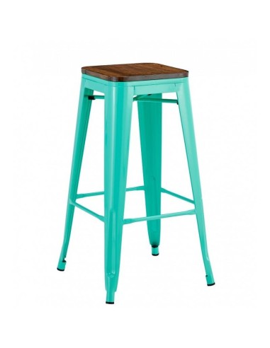 Taburete TOLIX  de acero verde agua y asiento de madera.