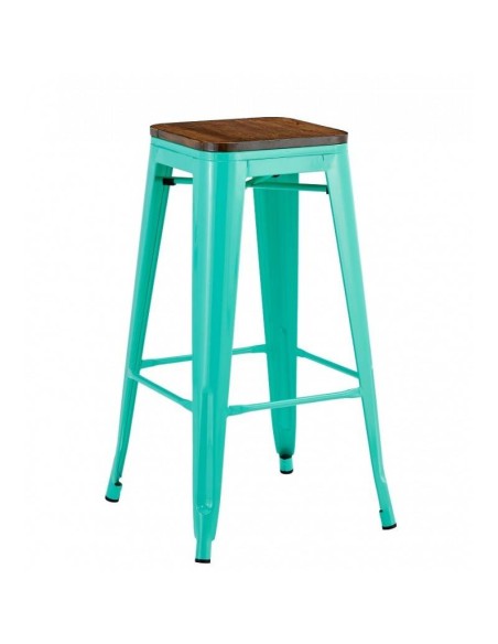 Taburete TOLIX  de acero verde agua y asiento de madera.