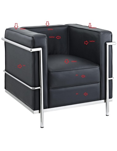 LECO sofá de 3 lugares 180 x 70, couro preto, aço