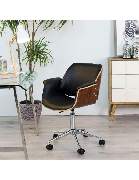 Cadeira de escritório Madai em couro sintético preto e folheado em nogueira.