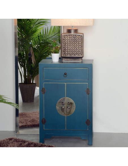 Mesita TAO Oriental 45 x 26 cm, 2 portas e 1 gaveta azul.