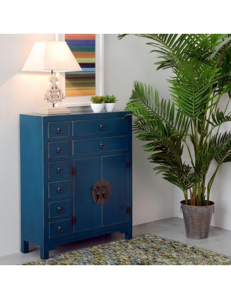 Aprador Oriental TAO 73 x 26 cm, 8 cajones y 2 puertas color azul.