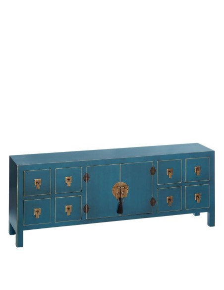 Aparador TAO Oriental 8 gavetas 130 X 24, madeira azul e dourado.