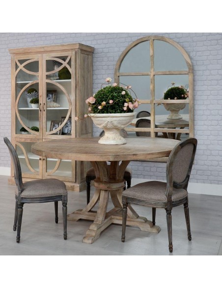 Mesa de comedor redonda NIRAJ 150, madera maciza en blanco decapé.