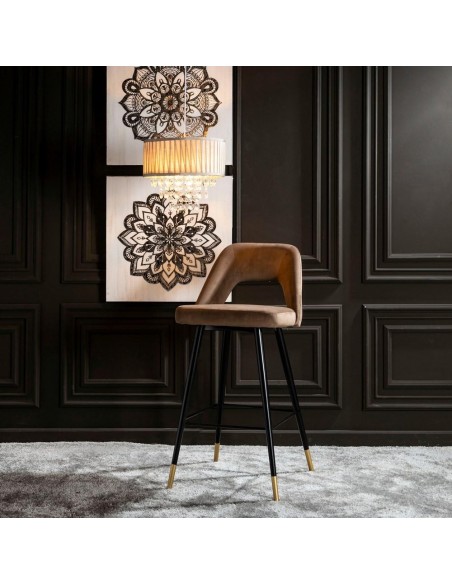 Taburete Mael 75 cm tejido café y patas de acero con acabado negro /dorado.