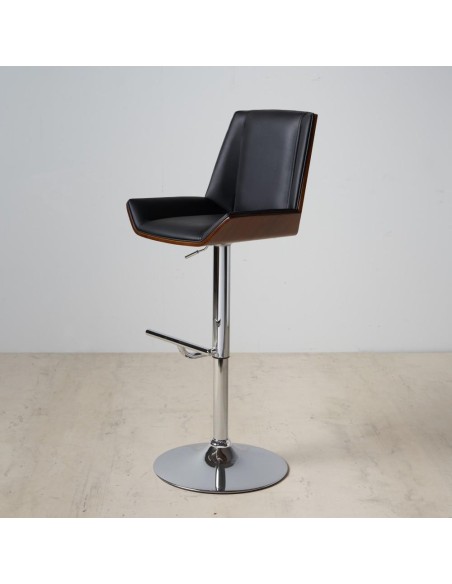 Taburete giratorio EAMY 65/86 cm ,cuero sintético negro,chapado en fresno acabado nogal y metal negro.
