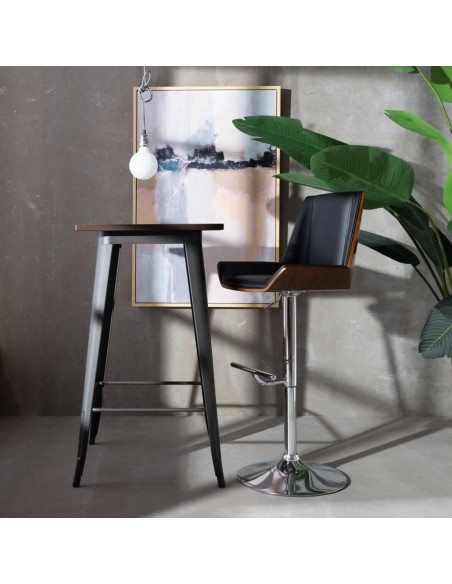 Banqueta giratória EAMY 65/86 cm, couro sintético preto, folheado a freixo, acabamento em nogueira e metal preto.