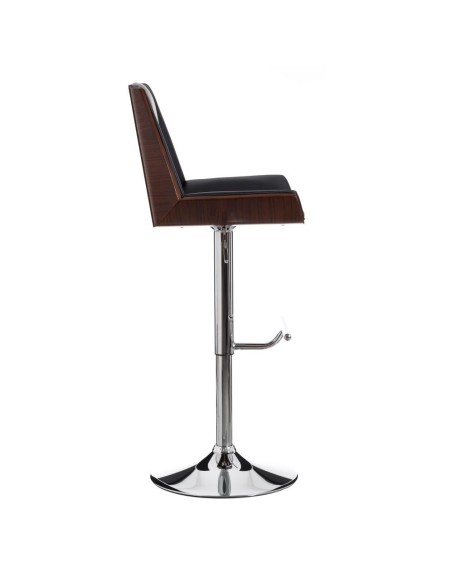 Banqueta giratória EAMY 65/86 cm, couro sintético preto, folheado a freixo, acabamento em nogueira e metal preto.