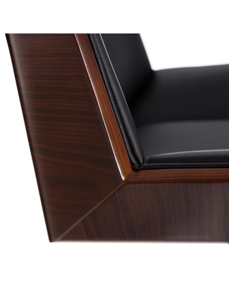 Banqueta giratória EAMY 65/86 cm, couro sintético preto, folheado a freixo, acabamento em nogueira e metal preto.