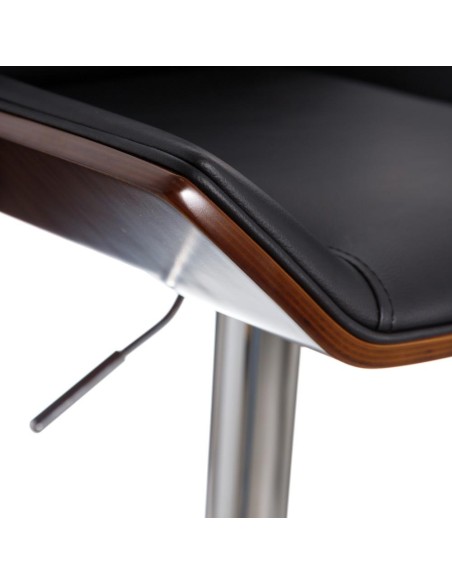 Banqueta giratória EAMY 65/86 cm, couro sintético preto, folheado a freixo, acabamento em nogueira e metal preto.