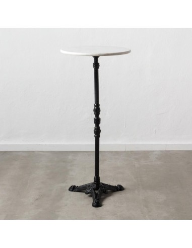 Mesa alta SHANELLE em mármore branco e pés em ferro com acabamento preto Ø 50 cm.