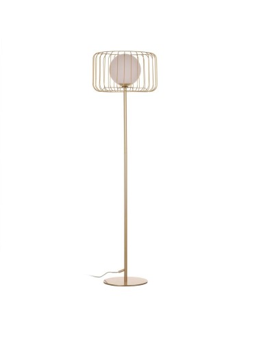 Candeeiro de pé em metal MADALI com acabamento dourado e esfera de vidro branco.
