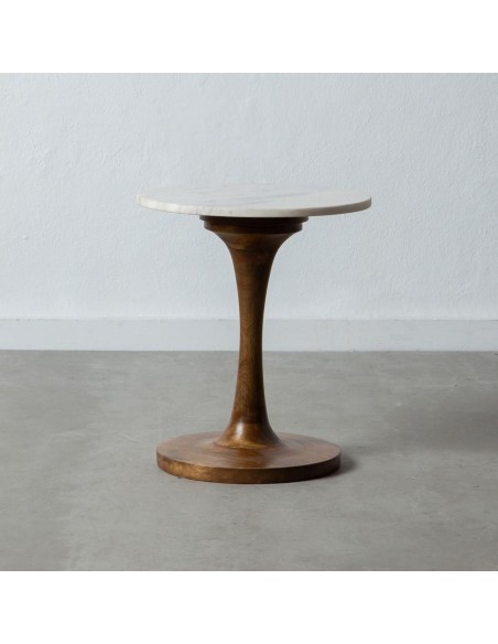 Mesa lateral Kaori Ø 40 cm, mármore branco e pé em madeira natural.