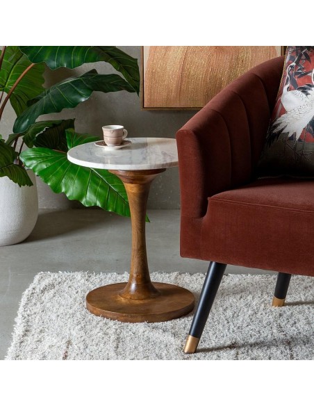 Mesa auxiliar Kaori Ø 40 cm,mármol blanco y pie de madera natural.