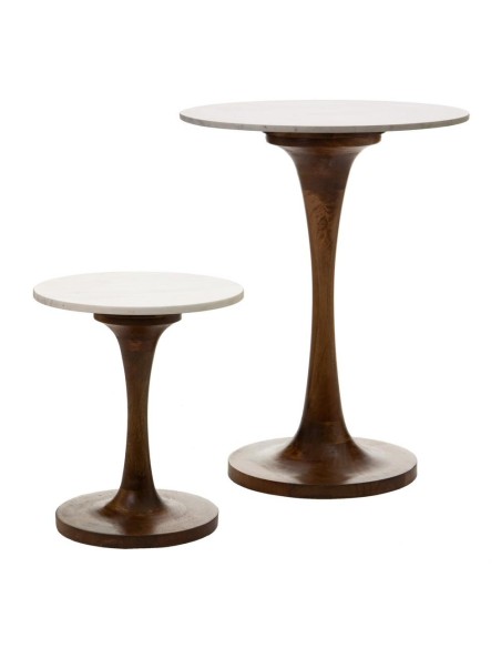 Mesa auxiliar Kaori Ø 40 cm,mármol blanco y pie de madera natural.