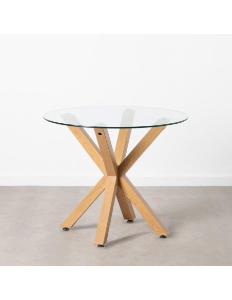 Mesa redonda ARGO de cristal y patas de metal efecto madera Ø 90 cm.