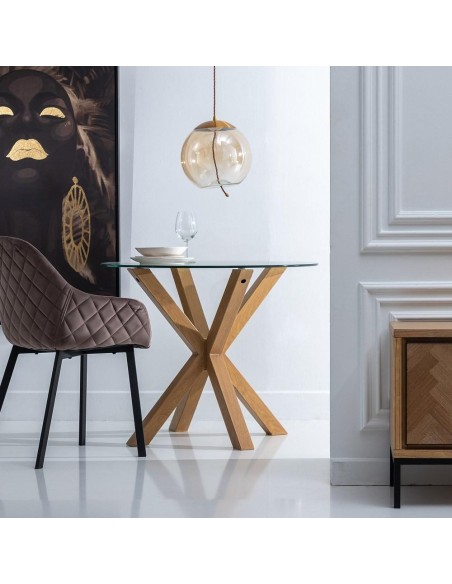 Mesa redonda ARGO de cristal y patas de metal efecto madera Ø 90 cm.