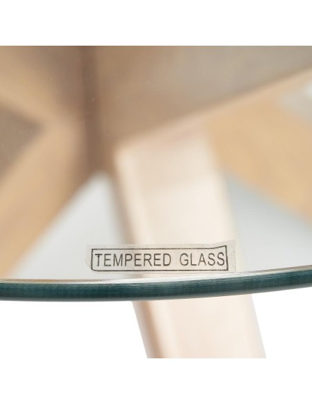 Mesa redonda ARGO de cristal y patas de metal efecto madera Ø 90 cm.