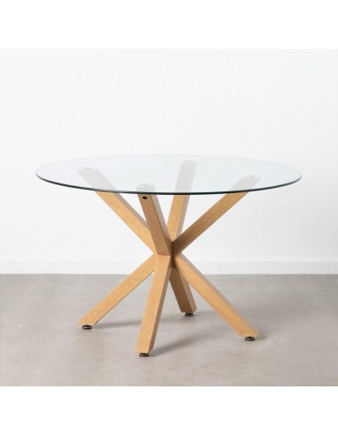 Mesa redonda ARGO de vidro e pés de metal com efeito madeira Ø 120 cm.
