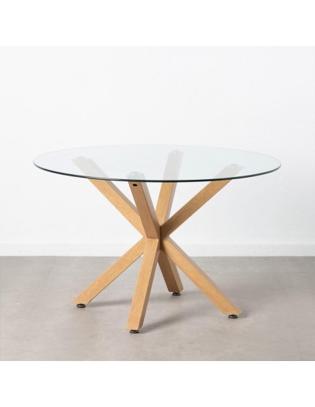 Mesa redonda ARGO de cristal y patas de metal efecto madera Ø 120 cm.