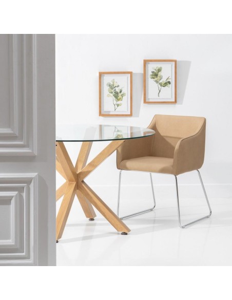 Mesa redonda ARGO de cristal y patas de metal efecto madera Ø 120 cm.